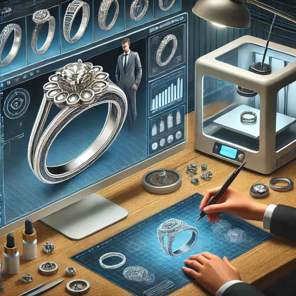 A visually appealing digital illustration showing an integrated jewelry design workflow